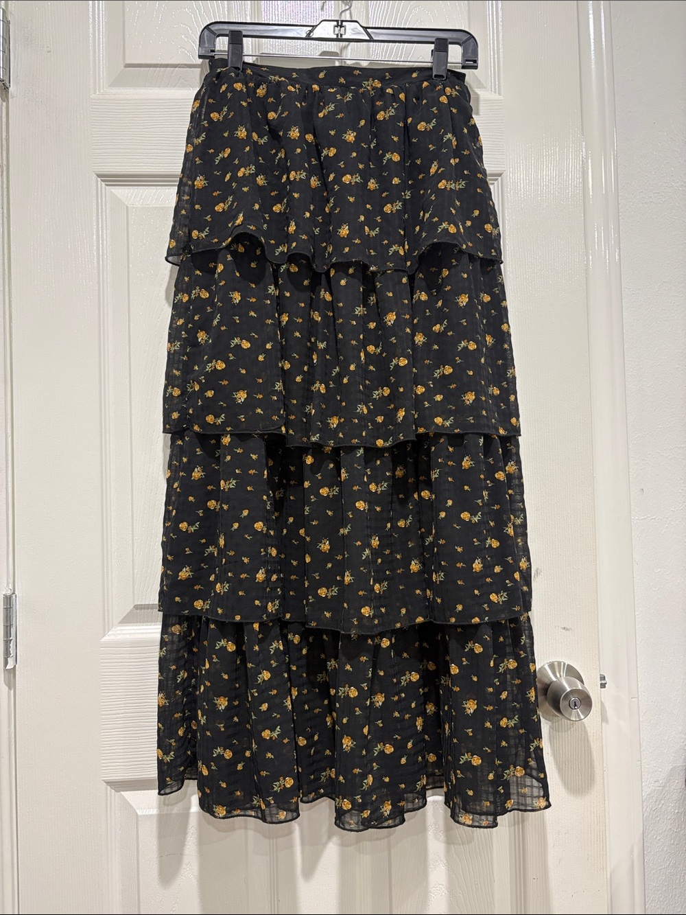 Black Tiered Maxi Skirt with Yellow Floral Print - Picture 1 of 3